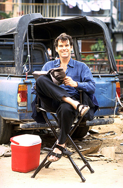 Pierce Brosnan on location in Tomorrow Never Dies (1997)