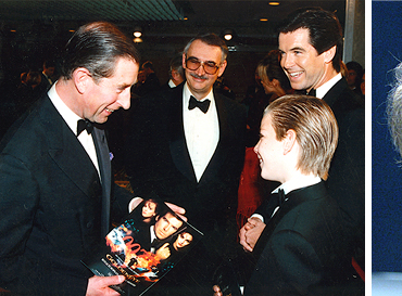 Pierce Brosnan's son Sean is introduced to Prince Charles at the UK premiere of GoldenEye (1995)