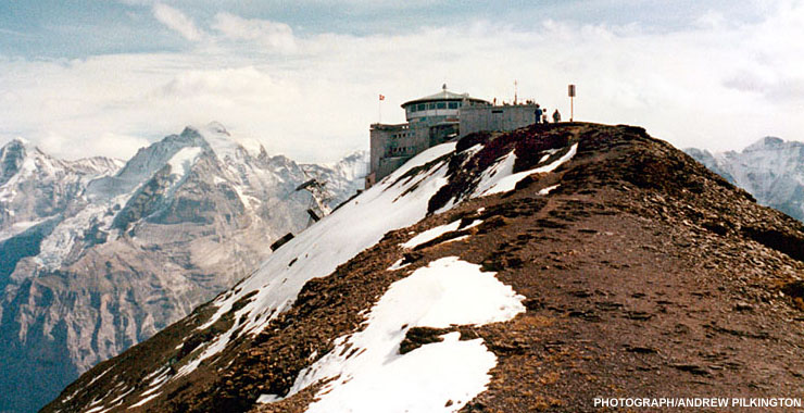 The Piz Gloria restaurant atop the Schilthorn mountain in the Bernese Oberland district of Switzerland