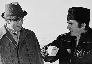 George Lazenby with director Peter Hunt in Switzerland