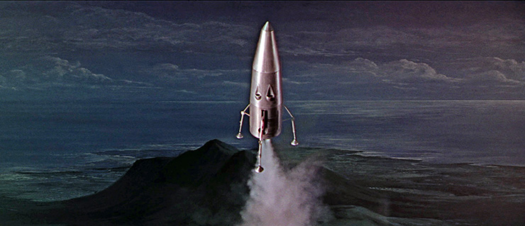 Cliff Culleys matte painting with model spacecraft descending into the volcano crater