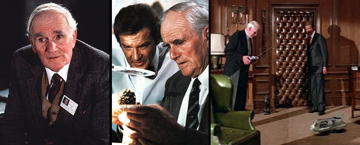 Desmond Llewelyn as Q in The Living Daylights (1987) | Bond and Q Examine the Faberge Egg in Octopussy (1983) | Q’s gadgets continue to be treated with disinterest by Roger Moore’s 007 in  A View To A Kill (1985)