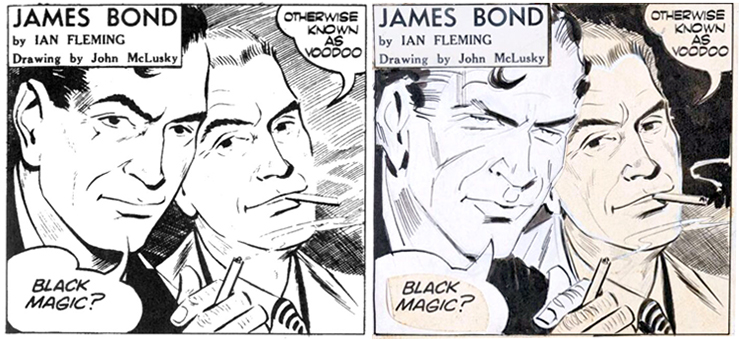 A panel from strip #143 of LIVE AND LET DIE as it was printed in the Daily Express on Friday December 19, 1958, and John McLusky's original revised artwork after it had been returned to him in the early 1980s 