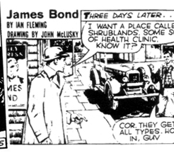 THUNDERBALL strip #1077 (panel 1) - Note McLusky's in-joke on the wall behind Bond!