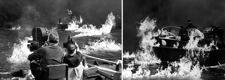 Filming the climax of From Russia With Love (1963) in the Pinewood Studios Paddock Tank