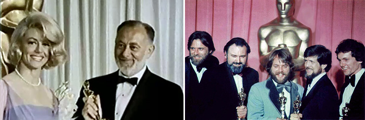 1966 Ivan Tors collects John Stears Oscar from Dorothy Malone | 1978 John Stears and the Star Wars Oscar winners John Dykstra, Richard Edlund, Grant McCune and Robert Blalack.