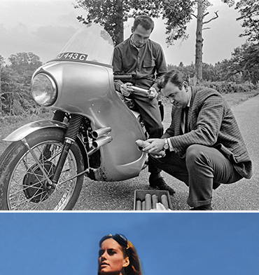 Chris Vincent and John Stears prepare the BSA Lightning ahead of filming on Thunderball (1965)