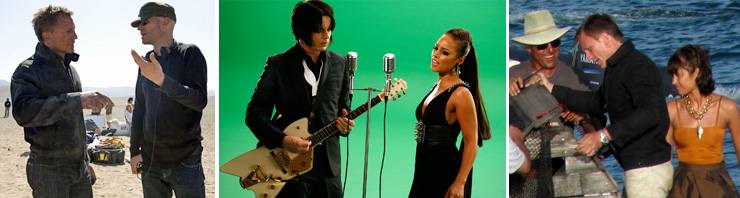 (left) Daniel Craig and director Marc Forster on location in Chile (centre) Jack White and Alicia Keys shooting the Quantum of Solace music video (right) Daniel Craig and Olga Kurylenko shooting the boat chase in Panama.