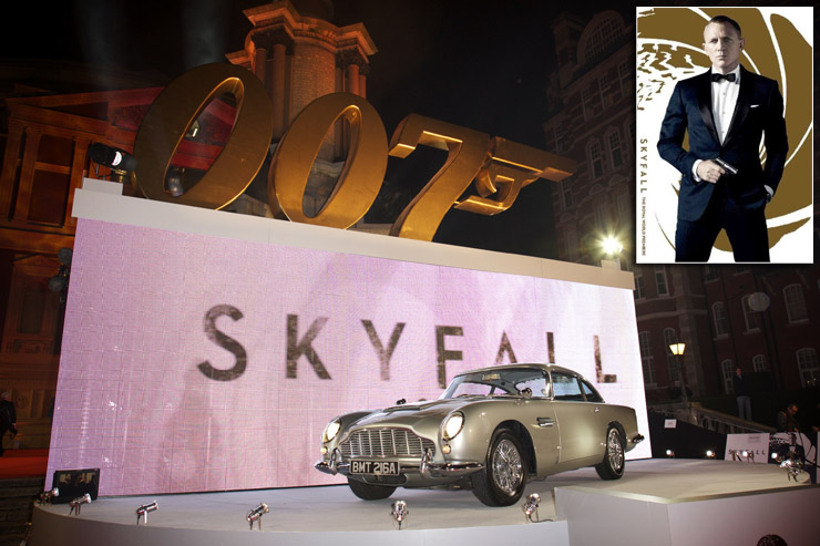 James Bond's Aston Martin DB5 on the platform erected outside the Royal Albert Hall for the world premiere of Skyfal