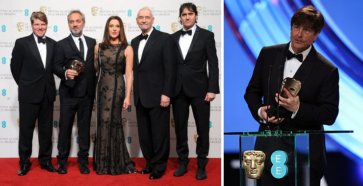 Skyfall co-writer Robert Wade, director Sam Mendes [holding the award for Outstanding British Film], co-producers Barbara Broccoli & Michael G. Wilson and co-writer Neal Purvis at the 2013 BAFTAs.