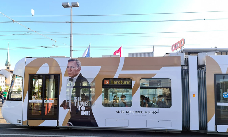 A Zurich tram promoting the release of No Time To Die (2021)