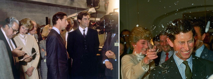 Princess Diana and Prince Charles visit The Living Daylights set in 1986.
