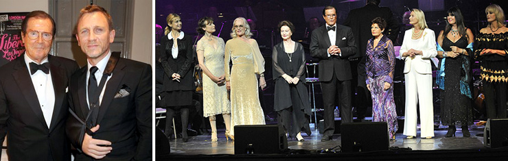 Bond meets Bond! Sir Roger Moore is flanked by 8 former James Bond Girls: (L-R) Maryam D'Abo, Madeleine Smith, Shirley Eaton, Zena Marshall, Eunice Gayson, Tania Mallett, Caroline Munro and Joanna Lumley.