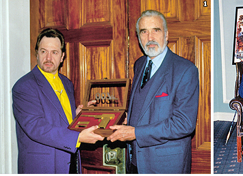 Graham Rye presents Christopher Lee with an engraved replica Golden Gun