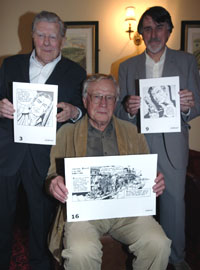 Syd Cain, Horak & Sydney Jordan hold examples of HORAK's James Bond comic strip art