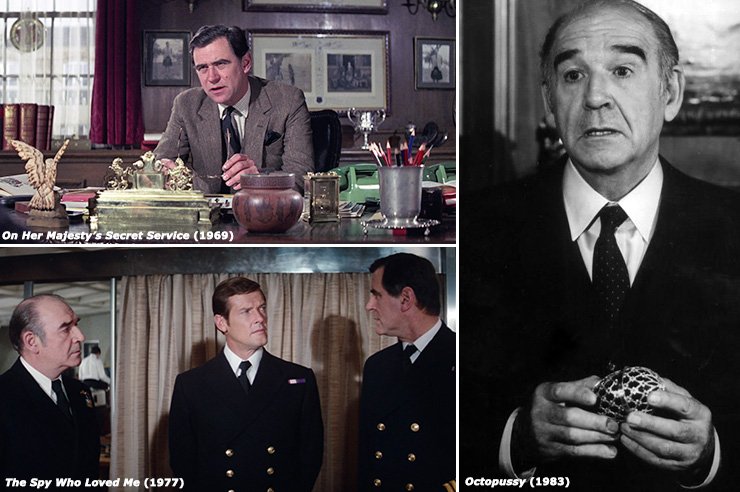 George Baker as Sir Hilary Bray in On Her Majesty's Secret Service (1969) | George Baker, Robert Brown & Roger Moore The Spy Who Loved Me (1977) | Robert Brown as ‘M’ in Octopussy (1983)