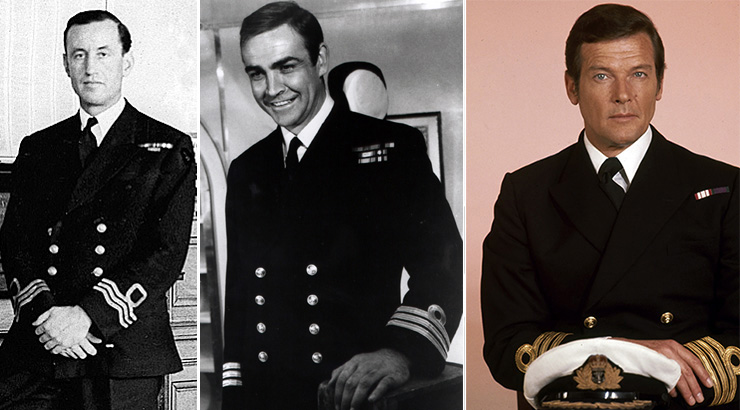 Ian Fleming, Sean Connery and Roger Moore in naval uniform