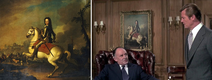 The portrait of King William III at the Battle of The Boyne painted in 1640 by Dutch artist Jan Wyck (1652-1700) seen on the wall of ‘M’s office in Moonraker (1979) | Roger Moore as James Bond with Geoffrey Keen