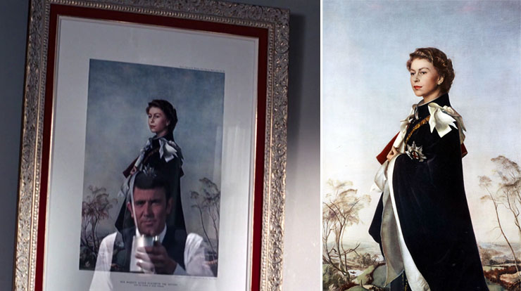 The1955 painting of Queen Elizabeth II by Italian artist Pietro Annigoni (1910-1988) appears in On Her Majesty's Secret Service (1969) George Lazenby as James Bond