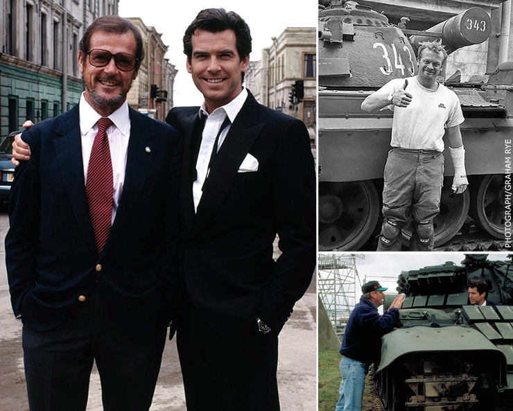 Roger Moore and Pierce Brosnan, Gary Powell, Martin Campbell and Pierce Brosnan at Leavesden Studios