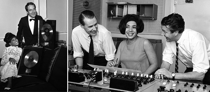 John Barry with Shirley Eaton and the gold disc awarded to the Goldfinger soundtrack for one million dollars worth of sales in 1965 | George Martin, Shirley Bassey and audio engineer Stuart Eltham