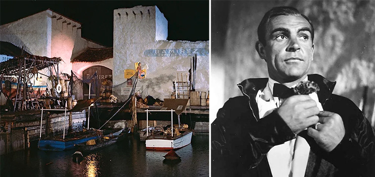 Latin American harbour set built on the Pinewood backlot water tank | Sean Connery as James Bond 007