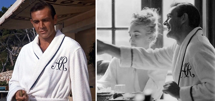 Sean Connery in Woman of Straw (1964) and between takes in Goldfinger (1964) wearing the same monogrammed bathrobe