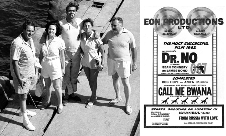 Dr. No co-producer Albert R. ‘Cubby’ Broccoli, his wife Dana, actor Sean Connery, and Jacqueline Saltzman with her husband Harry on location at Reynold's Bauxite docks in Jamaica, which stood in for the fictional Crab Key hideout of the villainous Doctor No