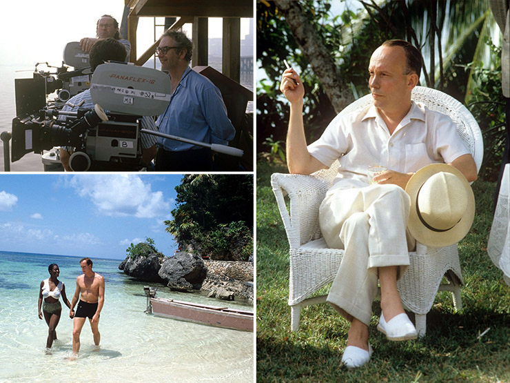 Cinematographer Richard Greatrex and Don Boyd | Denise Thompson and Charles Dance on locationin Jamaica | Julian Fellowes as Noel Coward in Goldeneye (1989)