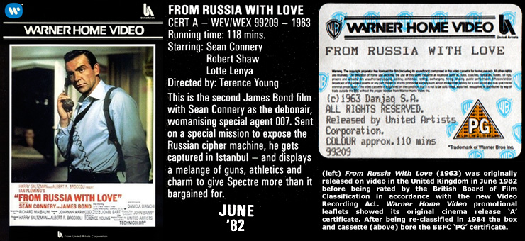 From Russia With Love Warner Home Video cover and cassette rating 1982/84