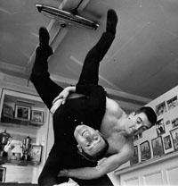 Doug Robnson rehearses a fight scene in his London gym with Mickey Spillane for the 1963 crime drama The Girl Hunters.