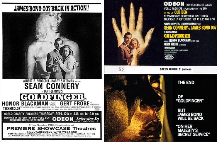 Goldfinger World Premiere advertisement, premiere ticket and original end title