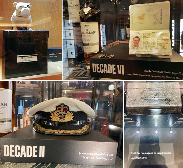 Harrods 2023 James Bond props: Royal Doulton Jack Bulldog from Skyfall, No Time To Die passport, Royal Navy cap, gold bar prop signed by Sean Connery