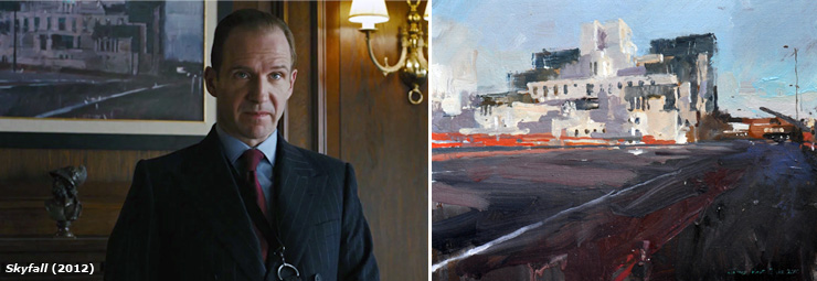 Ralph Fiennes in Shyfall (2012) with James Hart Dyke painting of MI6 HQ at Vauxhall Cross