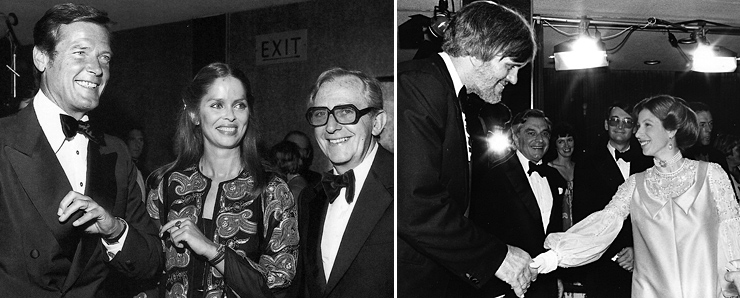 Roger Moore, Barbara Bach. Lewis Gilbert and Richard Kiel at the premiere of The Spy Who Loved Me Odeon Leicester Square 1977