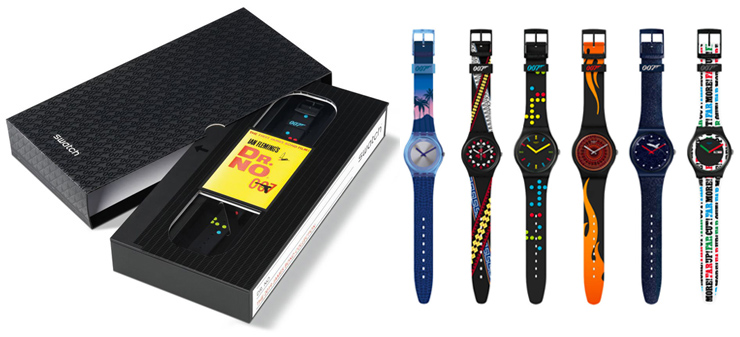 SWATCH Limited Edition packaging and five James Bond watches