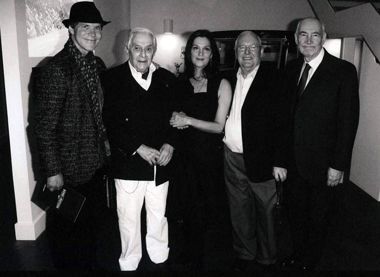 Production designers Dennis Gassner, Sir Ken Adam and Peter Lamont, with Michael G. Wilson and Barbara Broccoli at the opening of Bond In Motion (London, March 2014)