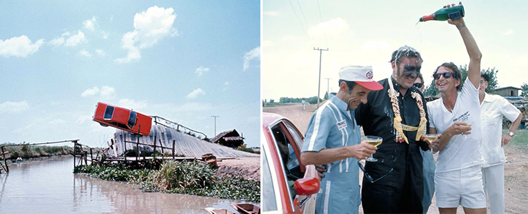 Loren Bumps Willert performing the stunt in The Man With The Golden Gun (1974) and being congratulated by Jay Milligan after the successful completion