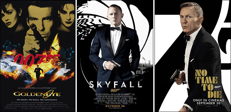 GoldenEye (1995), Skyfall (2012) & No Time To Die (2021) posters
