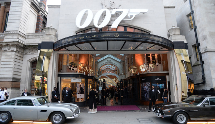 Aston Martin DB5, and V8 Vantage parked outside the entrance of Burlington Arcade September 2021