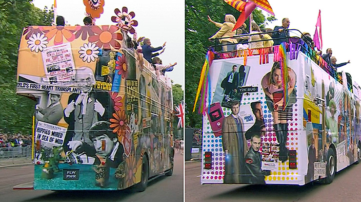 People's Pageant 1960s and 2000s buses Doctor Who/James Bond collage