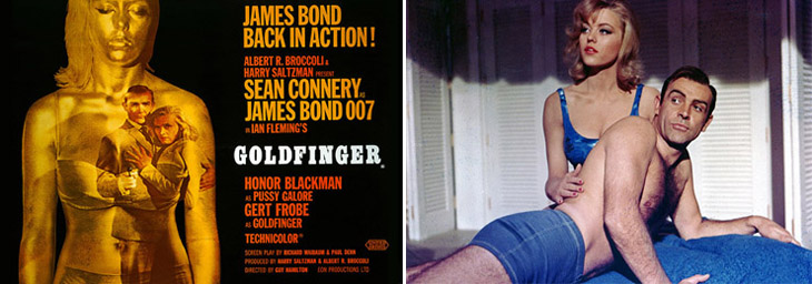 Goldfinger quad-crown poster designed by Robert Brownjohn|Margaret Nolan and Sean Connery in Goldfinger (1964)