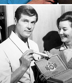 Roger Moore and Lois Maxwell between takes on Live And Let Die (1973)