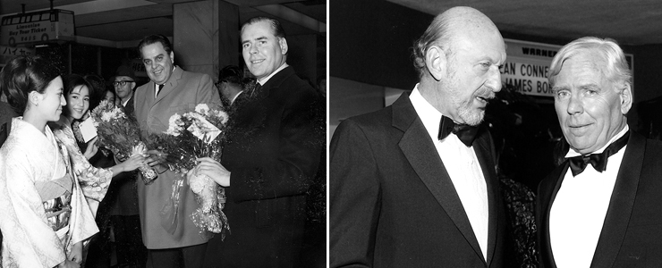 Albert R. Broccoli with Kevin McClory at Tokyo airport | Irvin Kershner and Kevin McClory at the UK premiere of Never Say Never Again (1983)