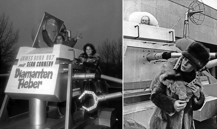 Bond Girl Lana Wood a.k.a. Plenty OToole poses with the Moon Buggy during its promotional tour in Munich, Germany.