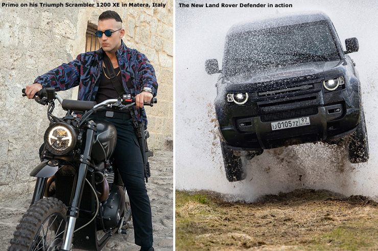 Primo on his Triumph Scrambler 1200 XE in Matera, Italy/The New Land Rover Defender in action