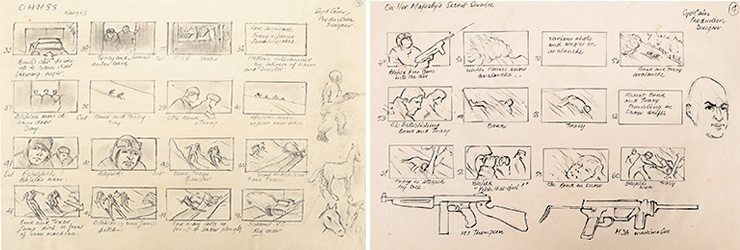 Lot #1243-#1245 On Her Majesty's Secret Service (1969) Syd Cain Hand-drawn Storyboard Pages