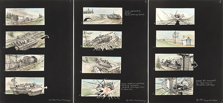 Set of Four Hand-drawn Syd Cain and Derek Meddings Storyboards GoldenEye (1995)