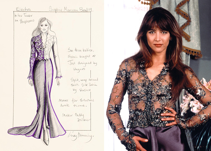 Hand-drawn Lindy Hemming Design for Elektra King's (Sophie Marceau) Death Scene Dress The World Is Not Enough (1999)