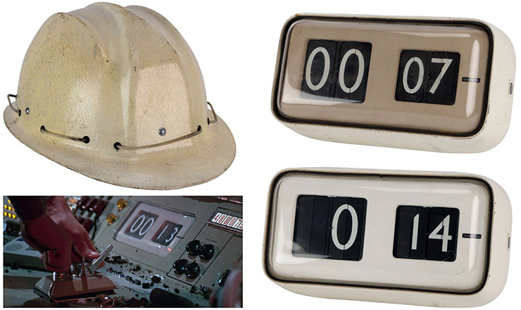 Lot #759 - Pair of Volcano Base Countdown Clocks and SPECTRE Hard Hat You Only Live Twice (1967)